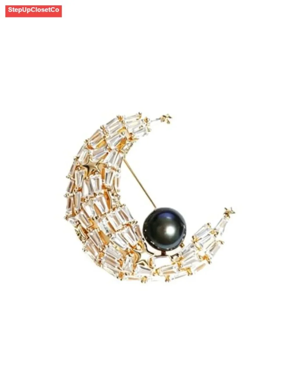Gold Plated Crescent Moon Brooch with Black Pearl & CZ Stones